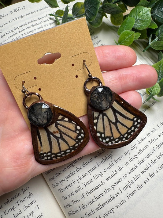 Butterfly Wing and Black Rutile Quartz Earrings | Copper Ashes