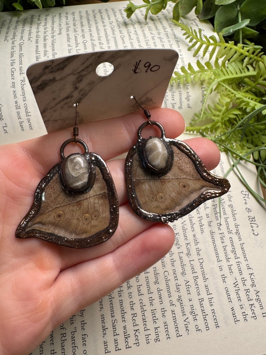 Butterfly Wing and Fossilized Coral Earrings | Copper Ashes