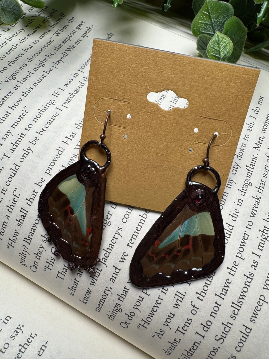 Butterfly Wing and Garnet Earrings | Copper Ashes