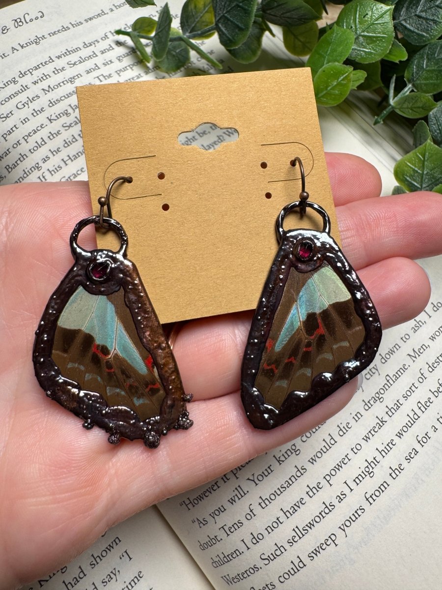 Butterfly Wing and Garnet Earrings | Copper Ashes