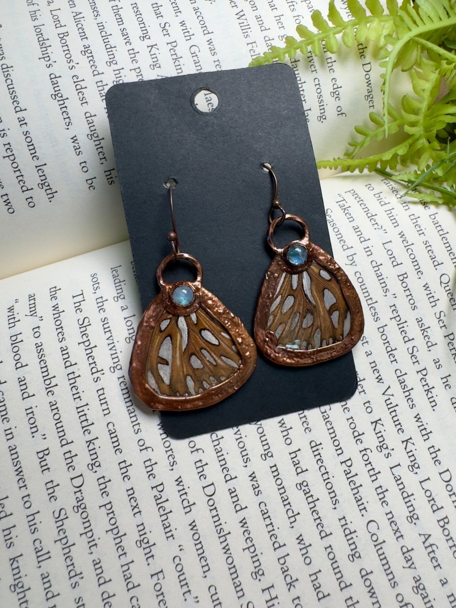 Butterfly Wing and Moonstone Earrings | Copper Ashes