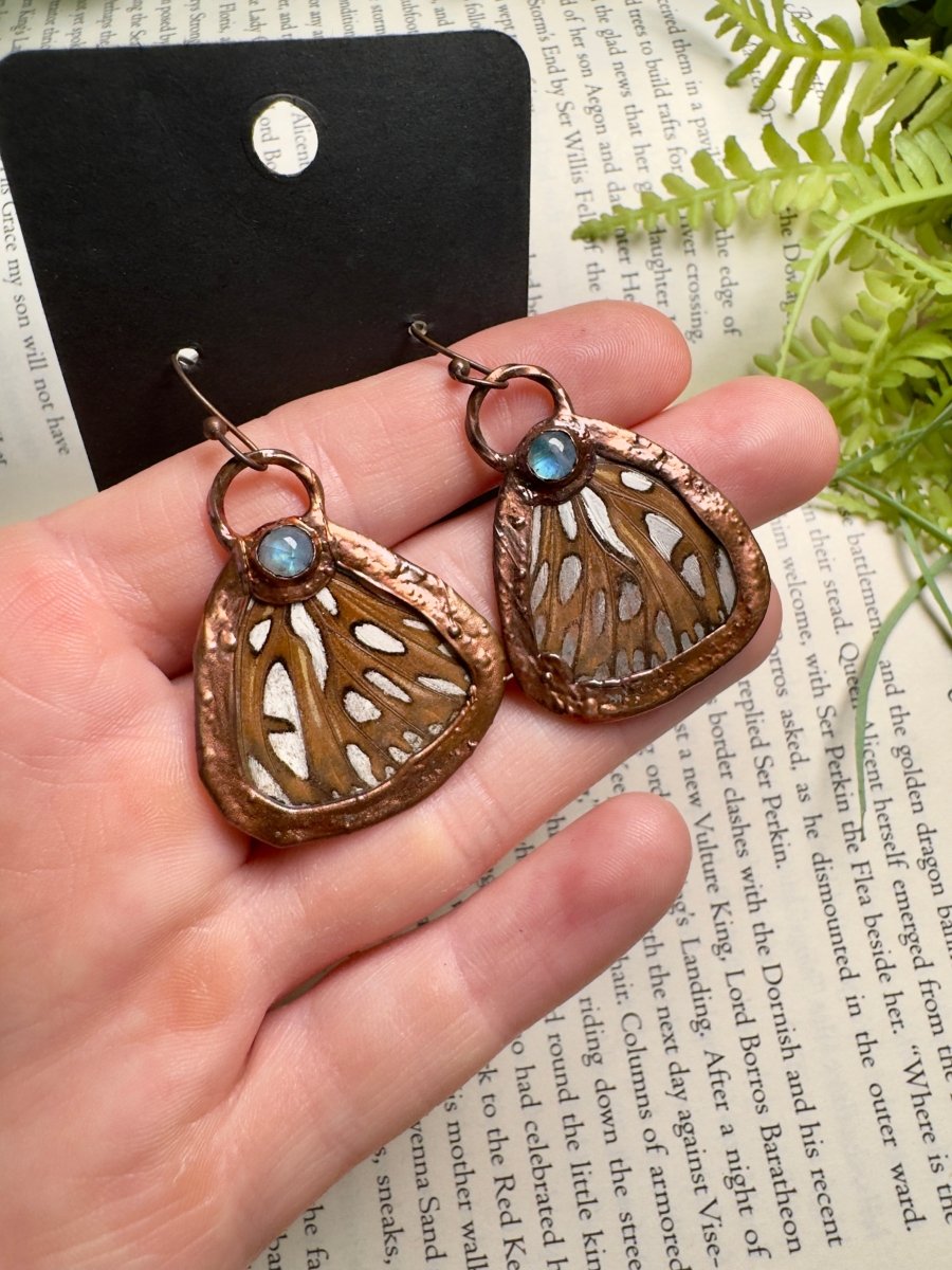 Butterfly Wing and Moonstone Earrings | Copper Ashes