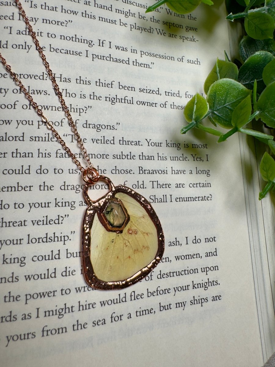 Butterfly Wing and Moss Agate Necklace | Copper Ashes