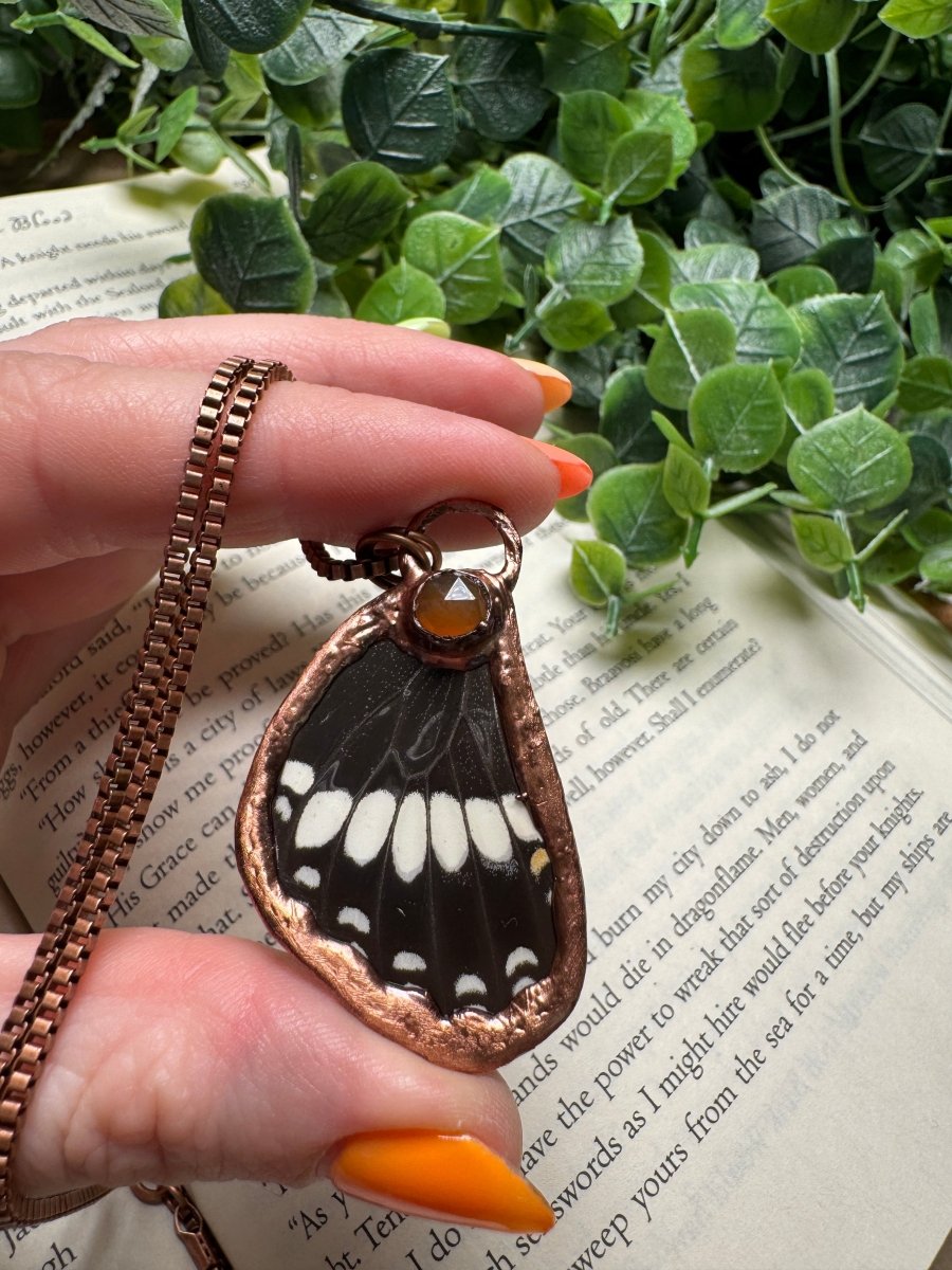 Butterfly Wing and Orange Agate Necklace | Copper Ashes