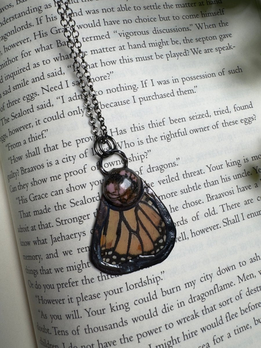Butterfly Wing and Rhodonite Necklace | Copper Ashes