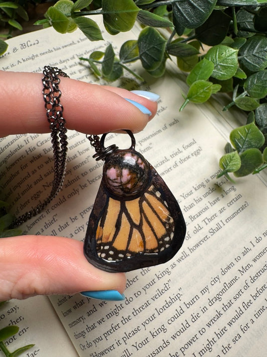Butterfly Wing and Rhodonite Necklace | Copper Ashes