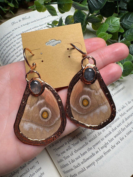 Butterfly Wing and Rose Quartz Earrings | Copper Ashes