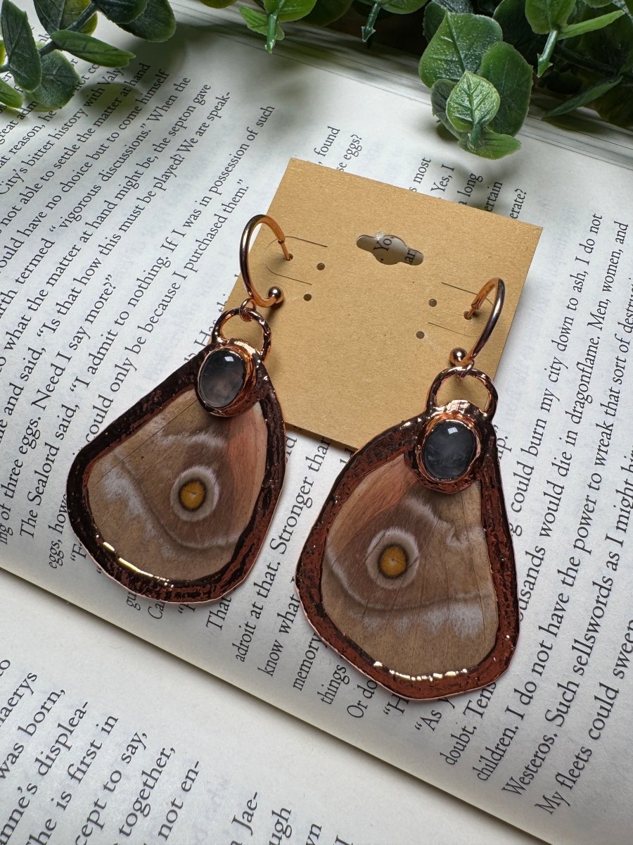 Butterfly Wing and Rose Quartz Earrings | Copper Ashes