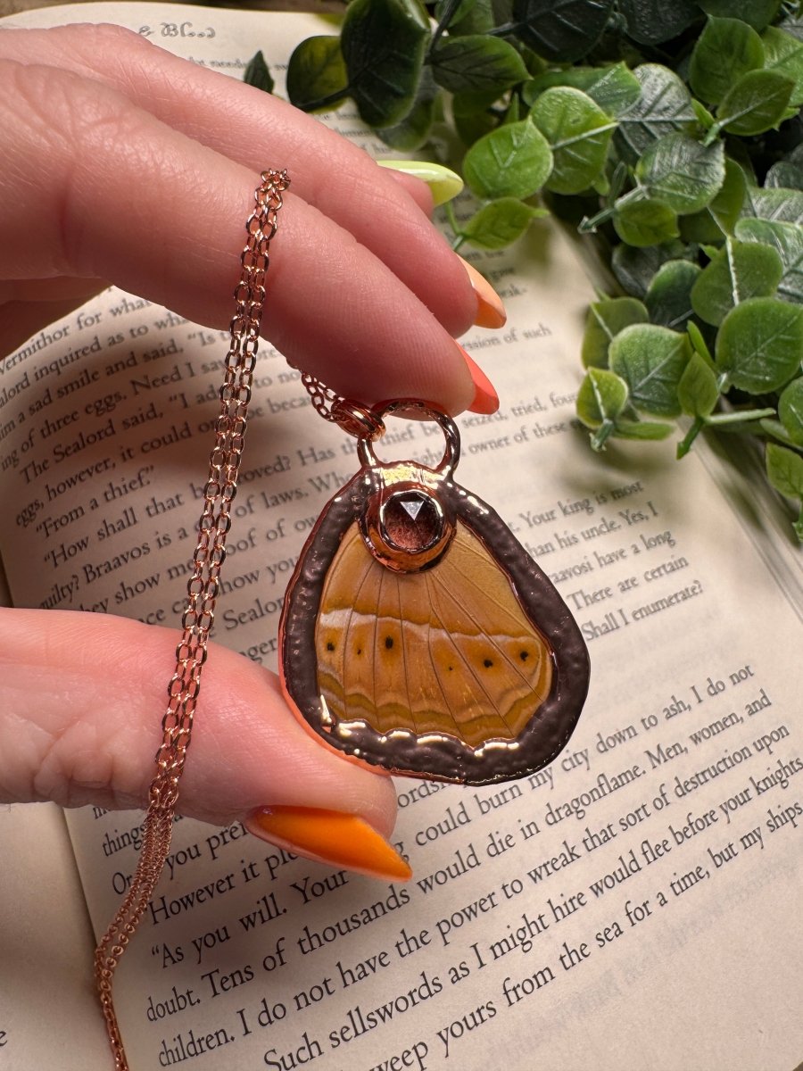 Butterfly Wing and Strawberry Quartz Necklace | Copper Ashes
