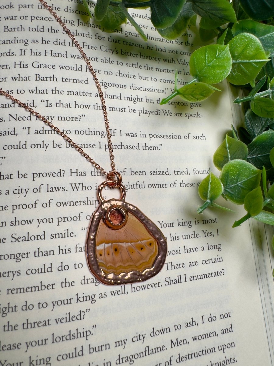 Butterfly Wing and Strawberry Quartz Necklace | Copper Ashes