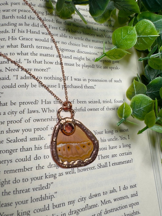 Butterfly Wing and Strawberry Quartz Necklace | Copper Ashes