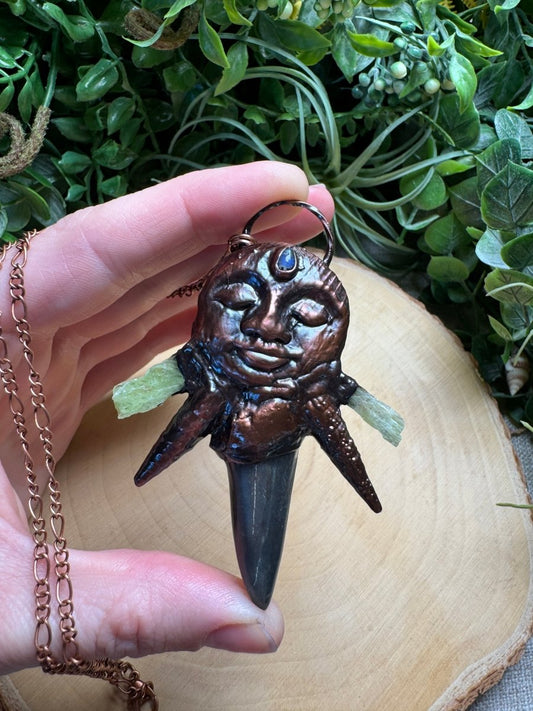 Charlotte - Shark's Tooth, Moonstone, Shell, and Green Kyanite Goddess Necklace | Copper Ashes