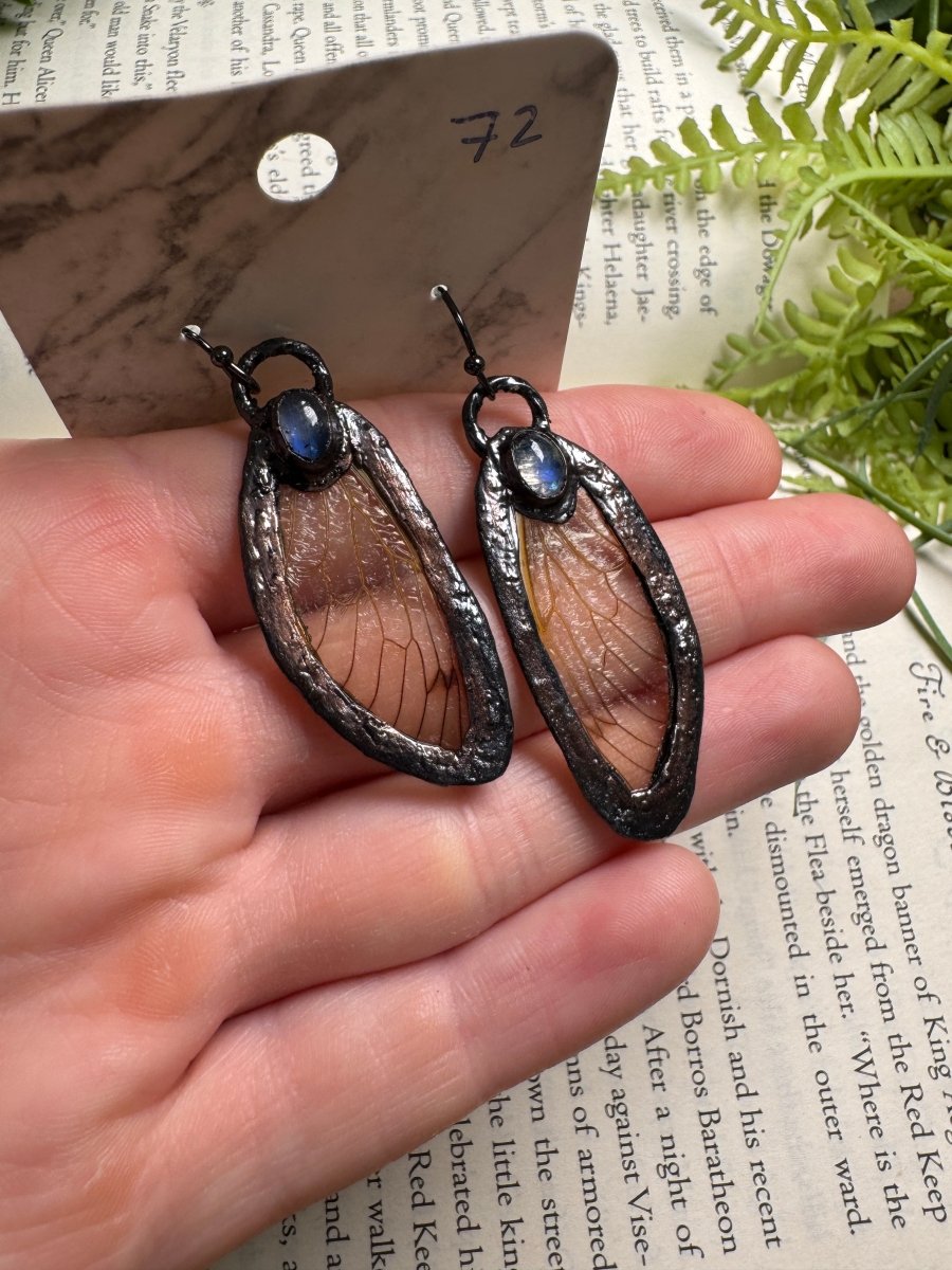 Cicada Wing and Moonstone Earrings | Copper Ashes