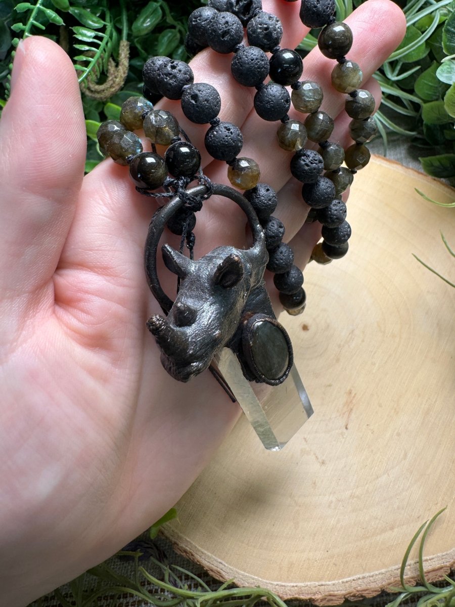 Clear Quartz and Labradorite Rhino Mala Necklace (pre - loved) | Copper Ashes