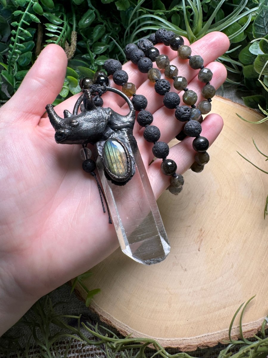 Clear Quartz and Labradorite Rhino Mala Necklace (pre - loved) | Copper Ashes