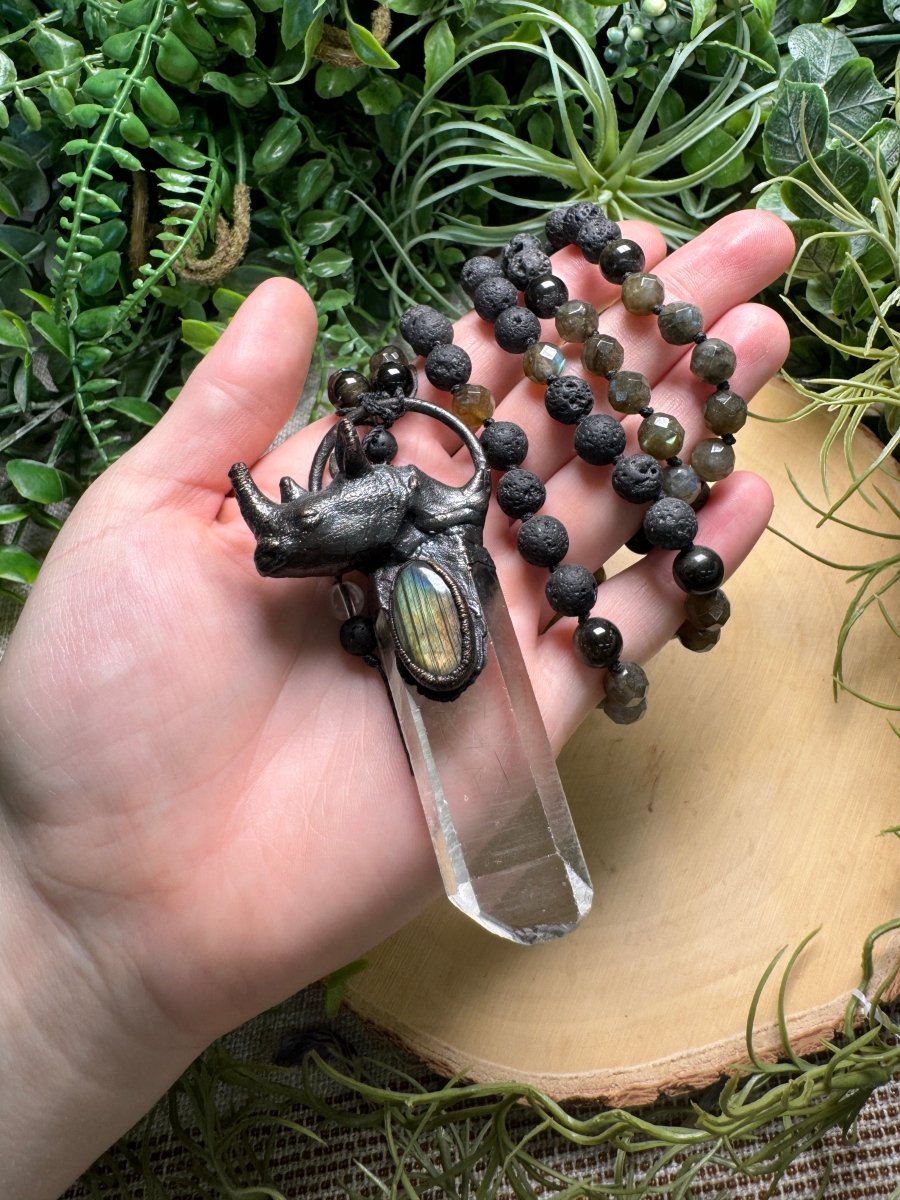 Clear Quartz and Labradorite Rhino Mala Necklace (pre - loved) | Copper Ashes