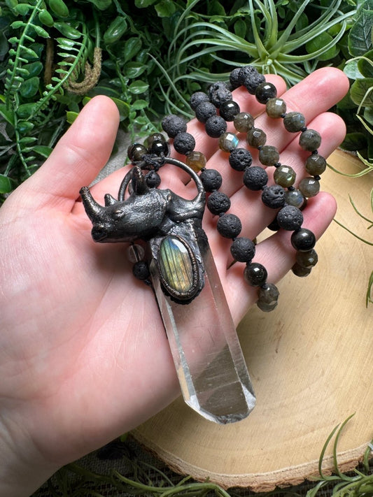 Clear Quartz and Labradorite Rhino Mala Necklace (pre - loved) | Copper Ashes