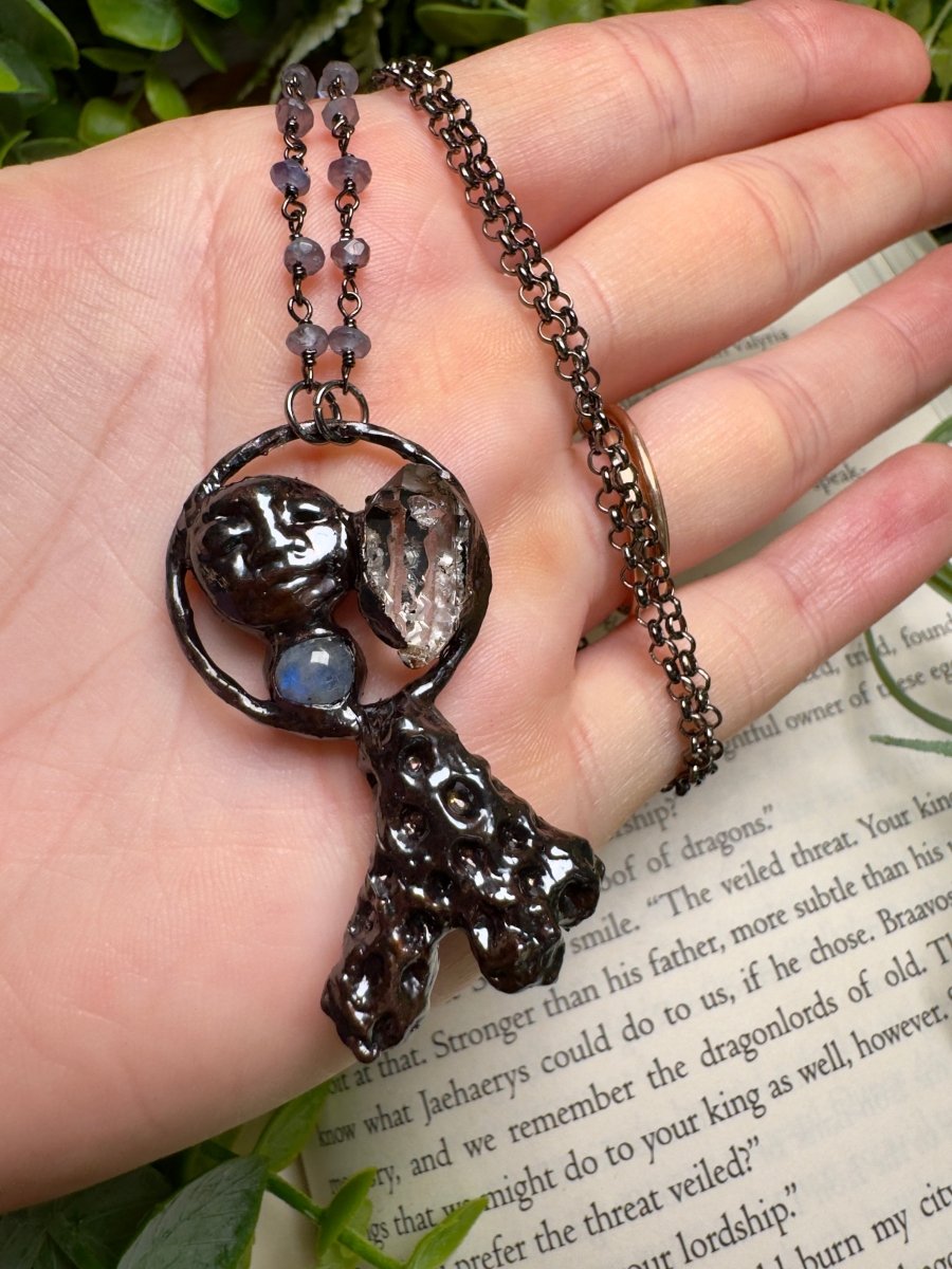 Coral, Moonstone, Quartz Diamond, and Goddess Necklace with Iolite Beaded Chain | Copper Ashes