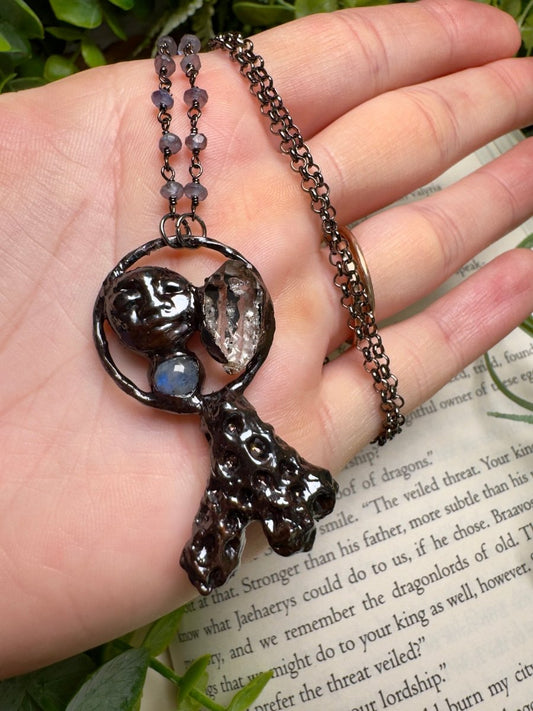 Coral, Moonstone, Quartz Diamond, and Goddess Necklace with Iolite Beaded Chain | Copper Ashes
