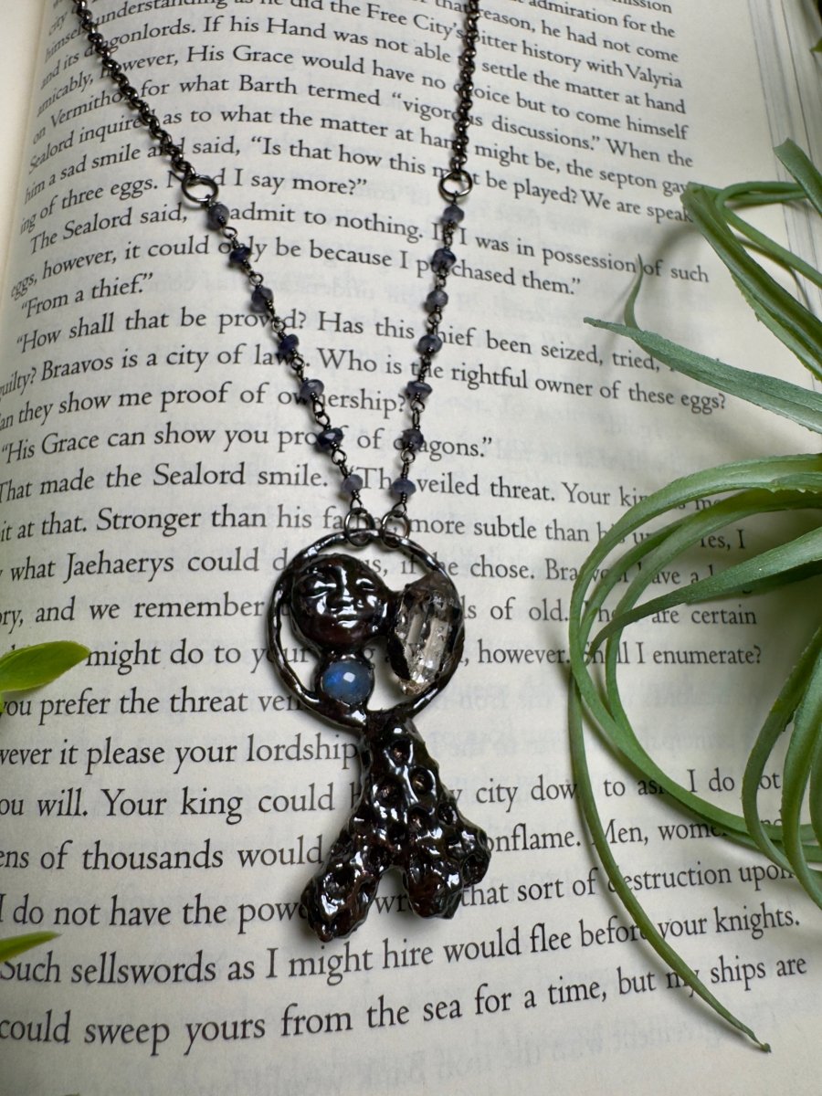 Coral, Moonstone, Quartz Diamond, and Goddess Necklace with Iolite Beaded Chain | Copper Ashes