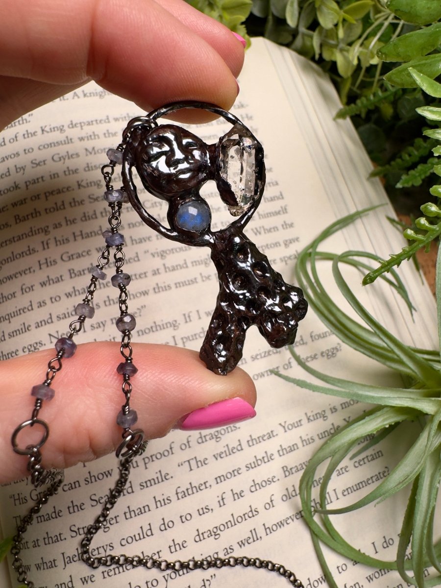 Coral, Moonstone, Quartz Diamond, and Goddess Necklace with Iolite Beaded Chain | Copper Ashes