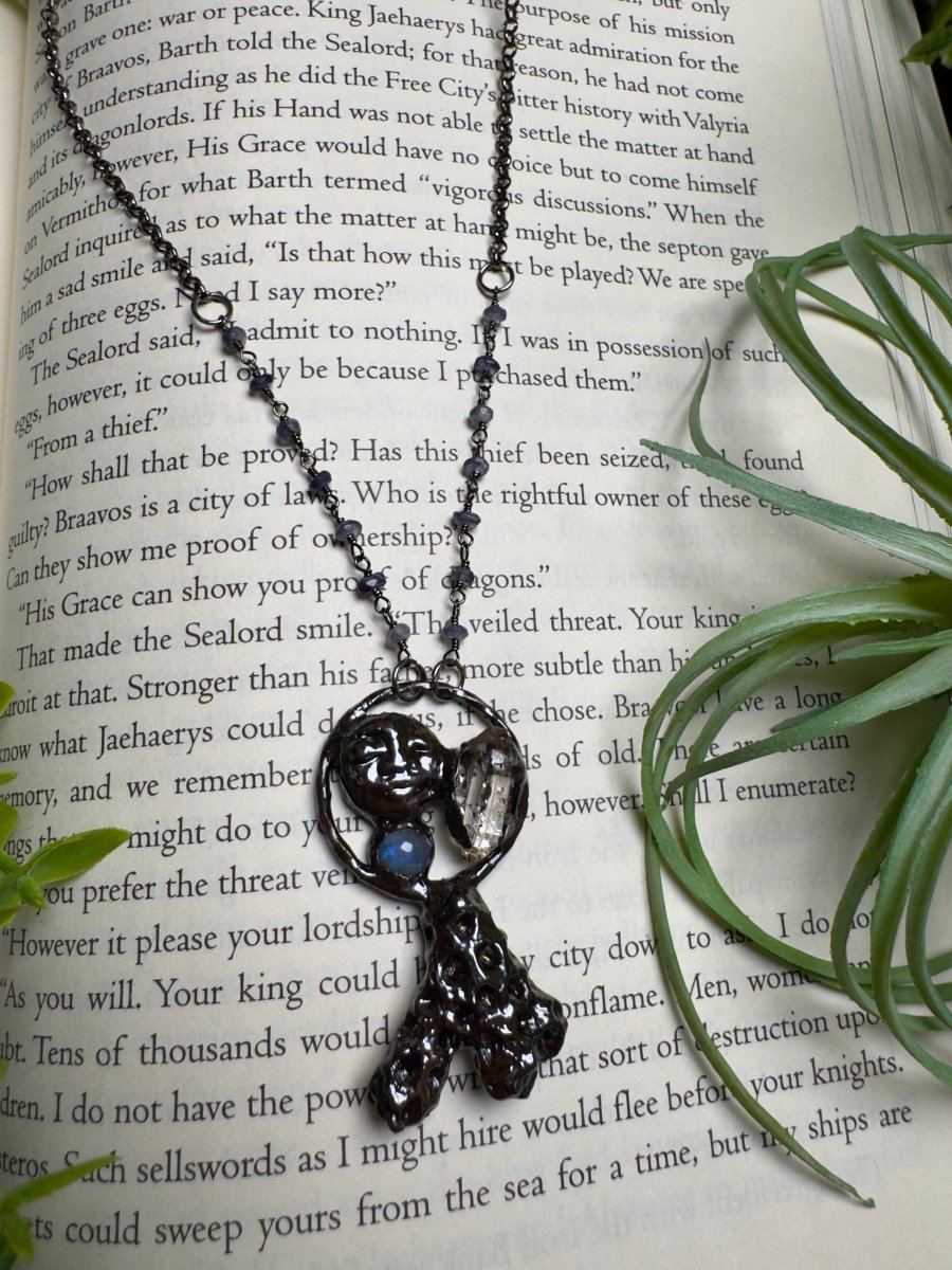 Coral, Moonstone, Quartz Diamond, and Goddess Necklace with Iolite Beaded Chain | Copper Ashes