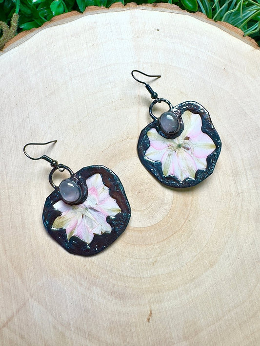 Cosmina - Rose Quartz and Flower Earrings | Copper Ashes