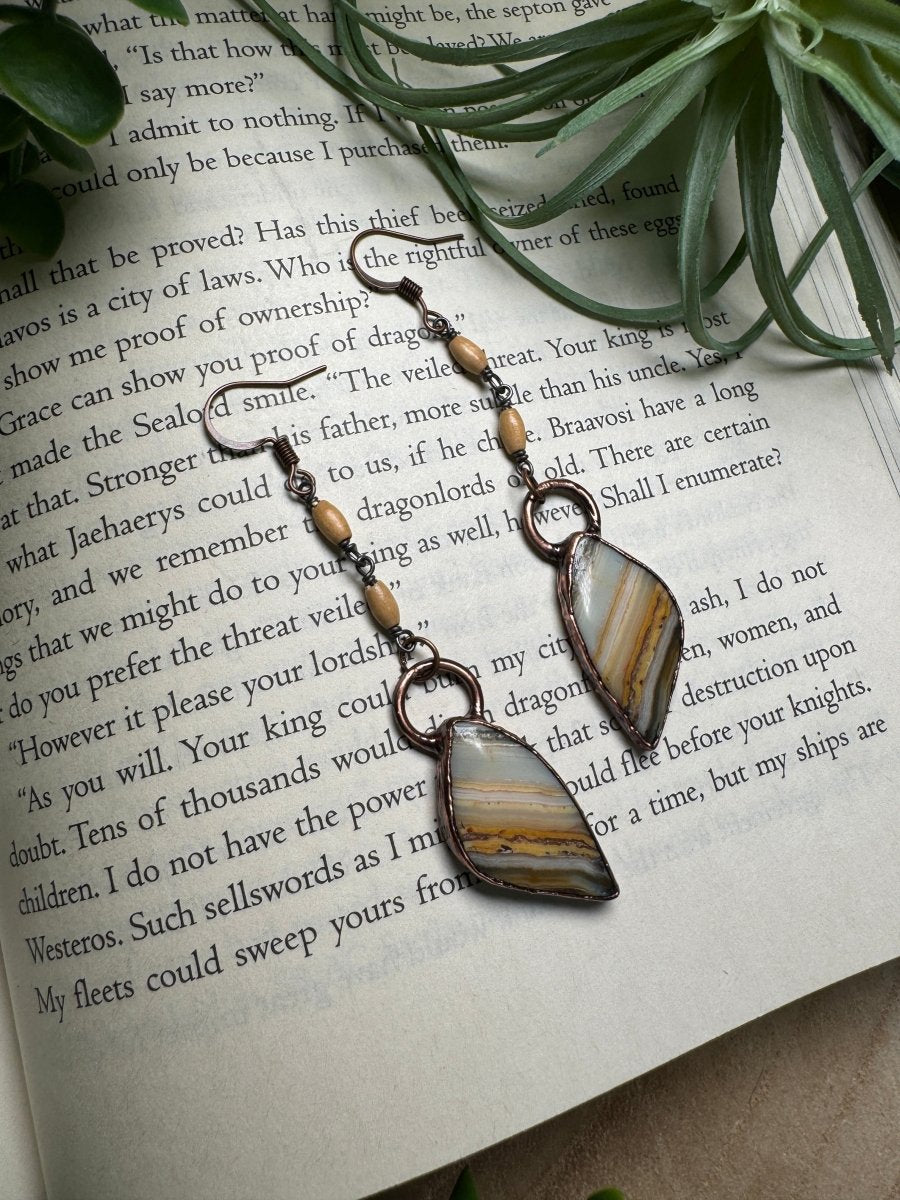 Crazy Lace Agate and Wood Dangle Earrings | Copper Ashes