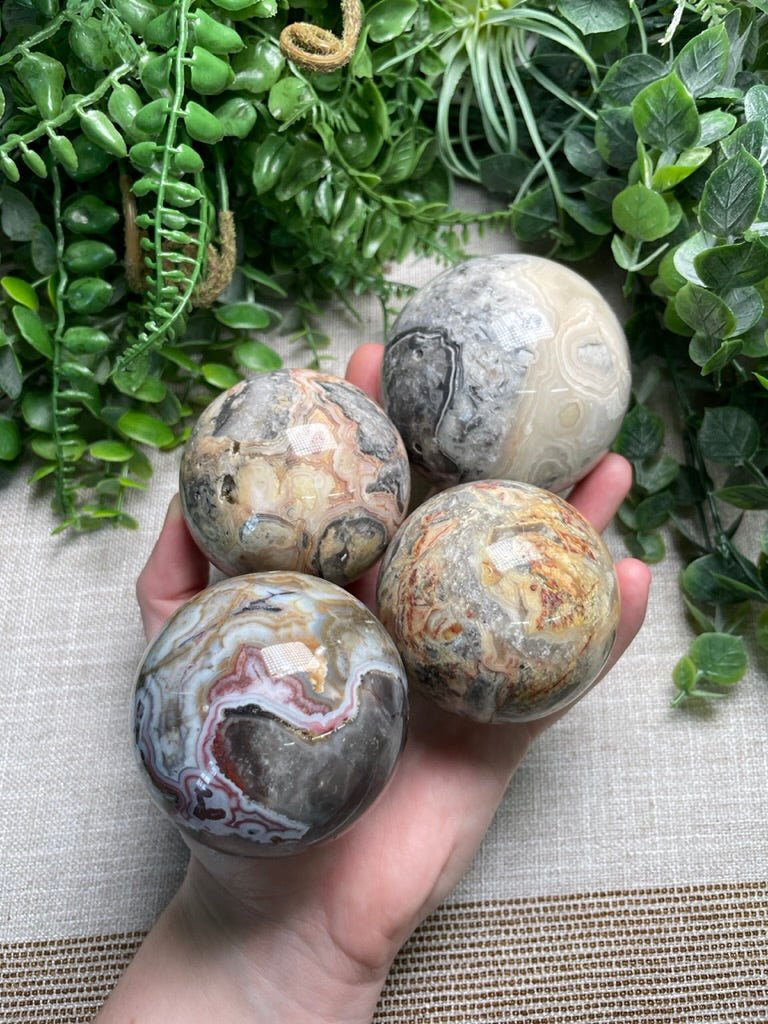 Crazy Lace Agate Sphere | Copper Ashes