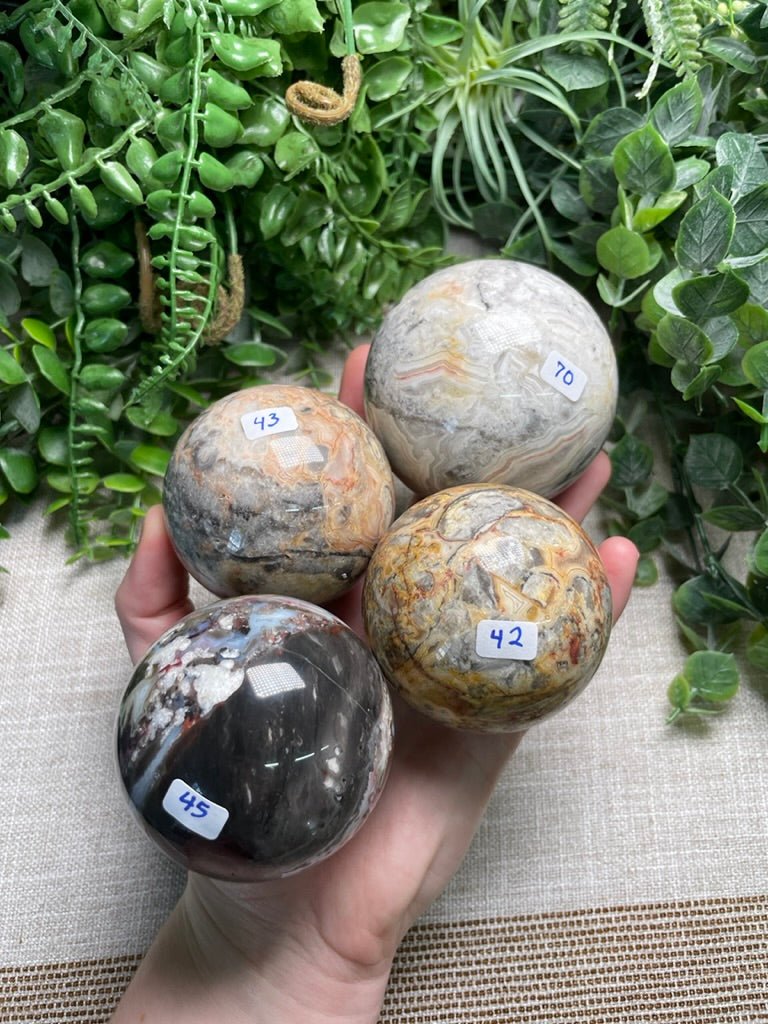 Crazy Lace Agate Sphere | Copper Ashes