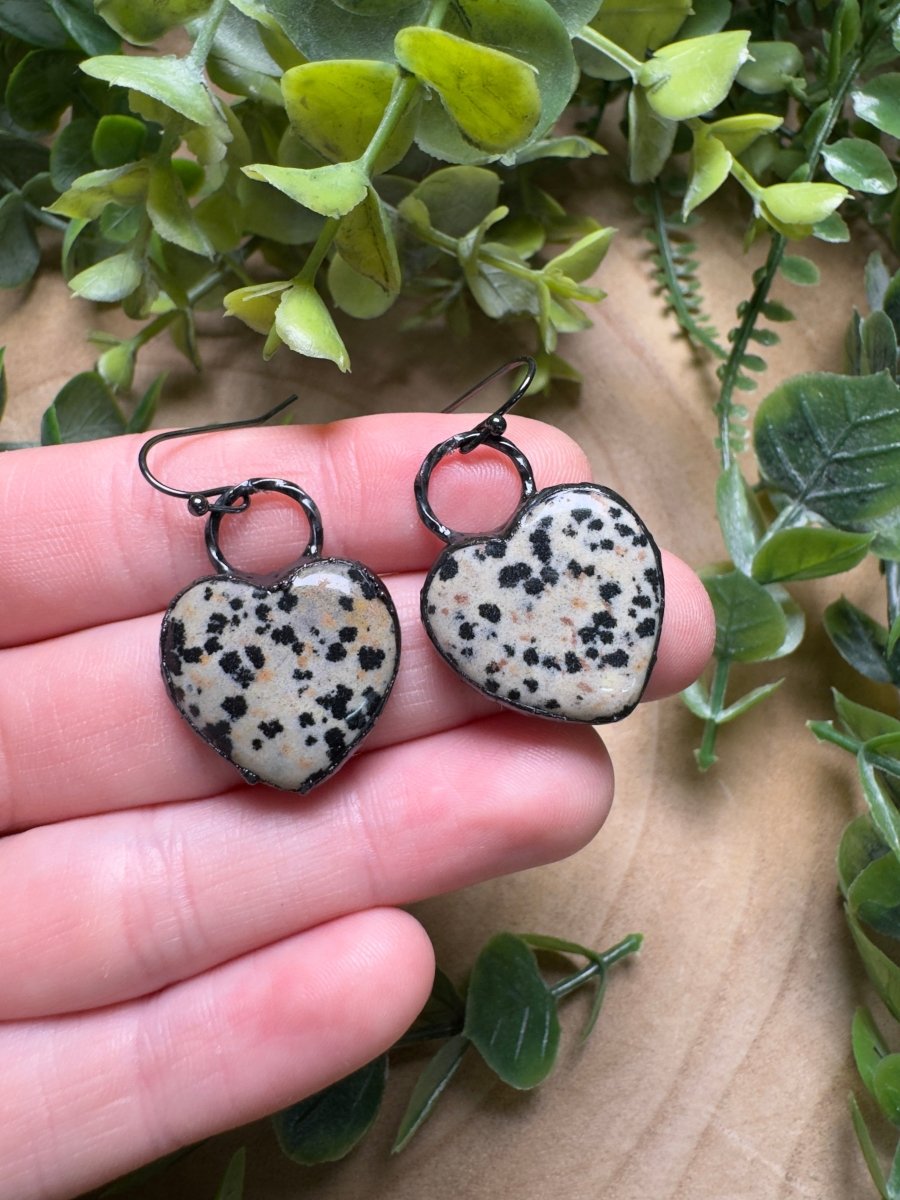 Dalmatian Jasper Heart Earrings | Copper Ashes