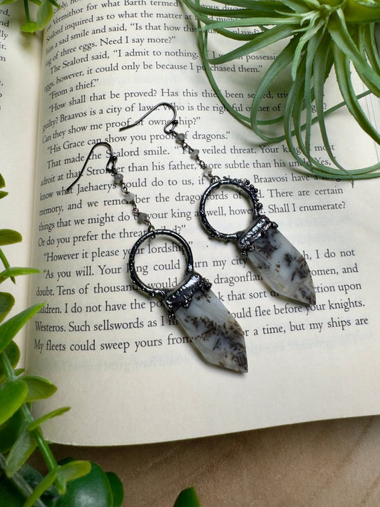 Dendritic Jade and Black Rutile Quartz Dangle Earrings | Copper Ashes