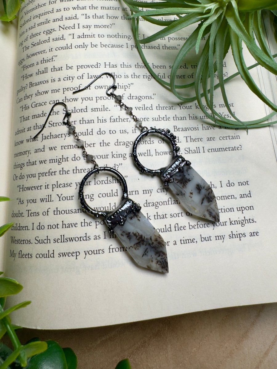 Dendritic Jade and Black Rutile Quartz Dangle Earrings | Copper Ashes