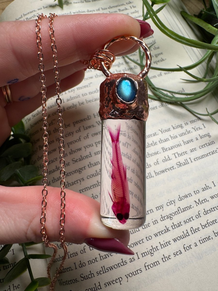 Diaphonized Minnow Wet Specimen with Labradorite Necklace | Copper Ashes