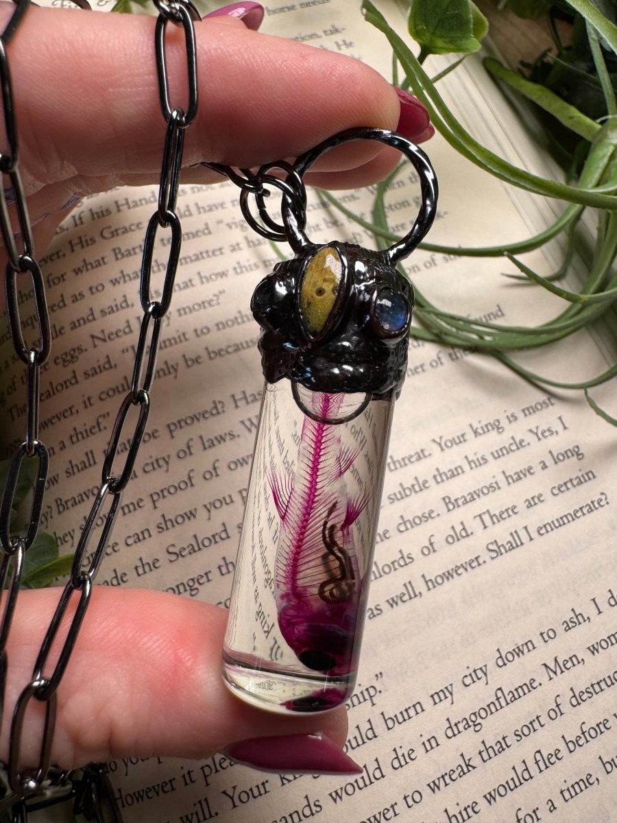 Diaphonized Minnow Wet Specimen with Moonstone and Jasper Necklace | Copper Ashes