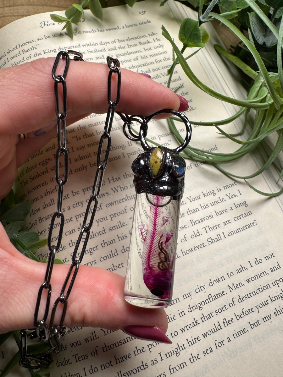 Diaphonized Minnow Wet Specimen with Moonstone and Jasper Necklace | Copper Ashes