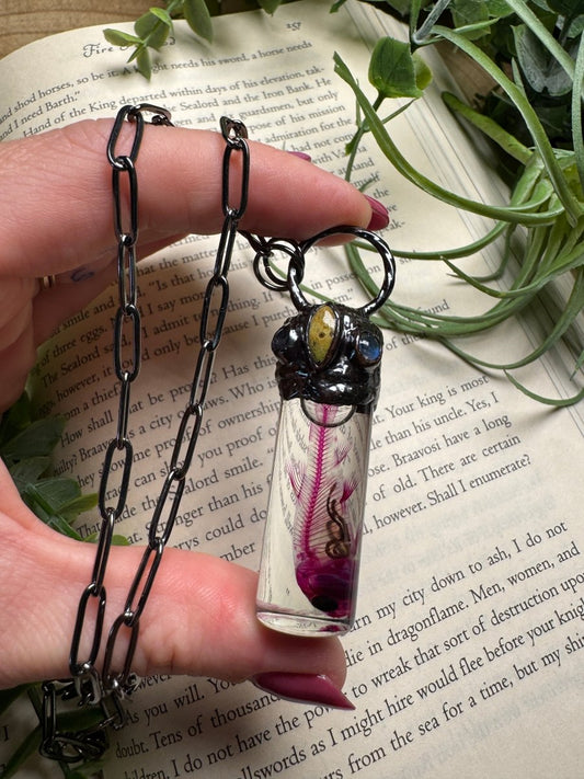 Diaphonized Minnow Wet Specimen with Moonstone and Jasper Necklace | Copper Ashes