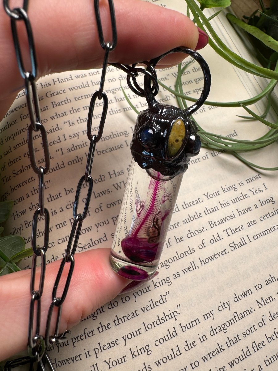 Diaphonized Minnow Wet Specimen with Moonstone and Jasper Necklace | Copper Ashes