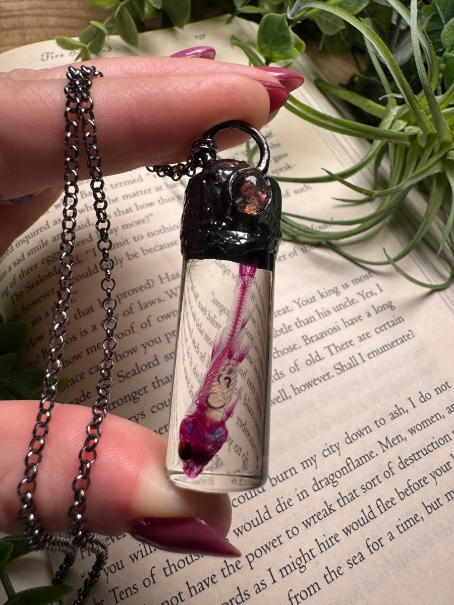 Diaphonized Minnow Wet Specimen with Sunstone Necklace | Copper Ashes