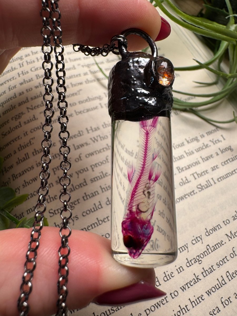 Diaphonized Minnow Wet Specimen with Sunstone Necklace | Copper Ashes