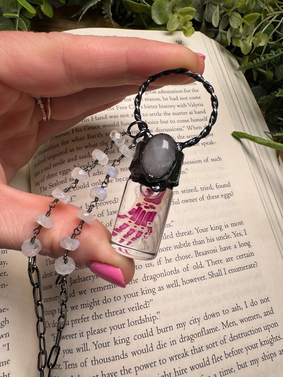 Diaphonized Rat Paw and Rose Quartz Oddity Necklace with Moonstone Beaded Chain | Copper Ashes