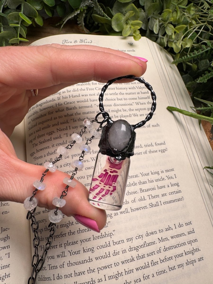 Diaphonized Rat Paw and Rose Quartz Oddity Necklace with Moonstone Beaded Chain | Copper Ashes