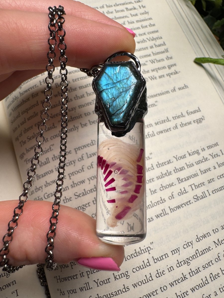 Diaphonized Rat Ribcage and Labradorite Coffin Oddity Necklace | Copper Ashes
