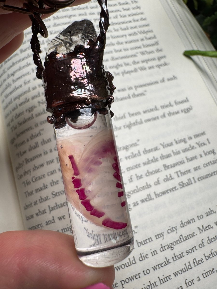 Diaphonized Rat Ribcage, Rose Quartz and Quartz Diamond Oddity Necklace | Copper Ashes