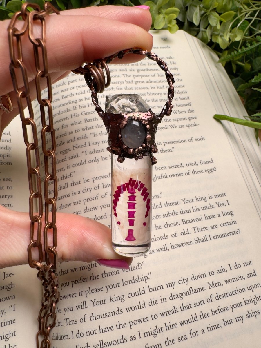 Diaphonized Rat Ribcage, Rose Quartz and Quartz Diamond Oddity Necklace | Copper Ashes