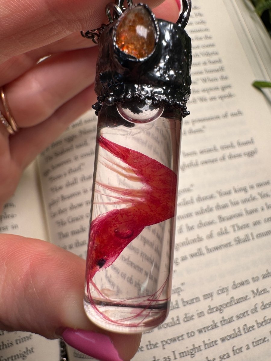 Diaphonized Shrimp and Sunstone Oddity Necklace | Copper Ashes