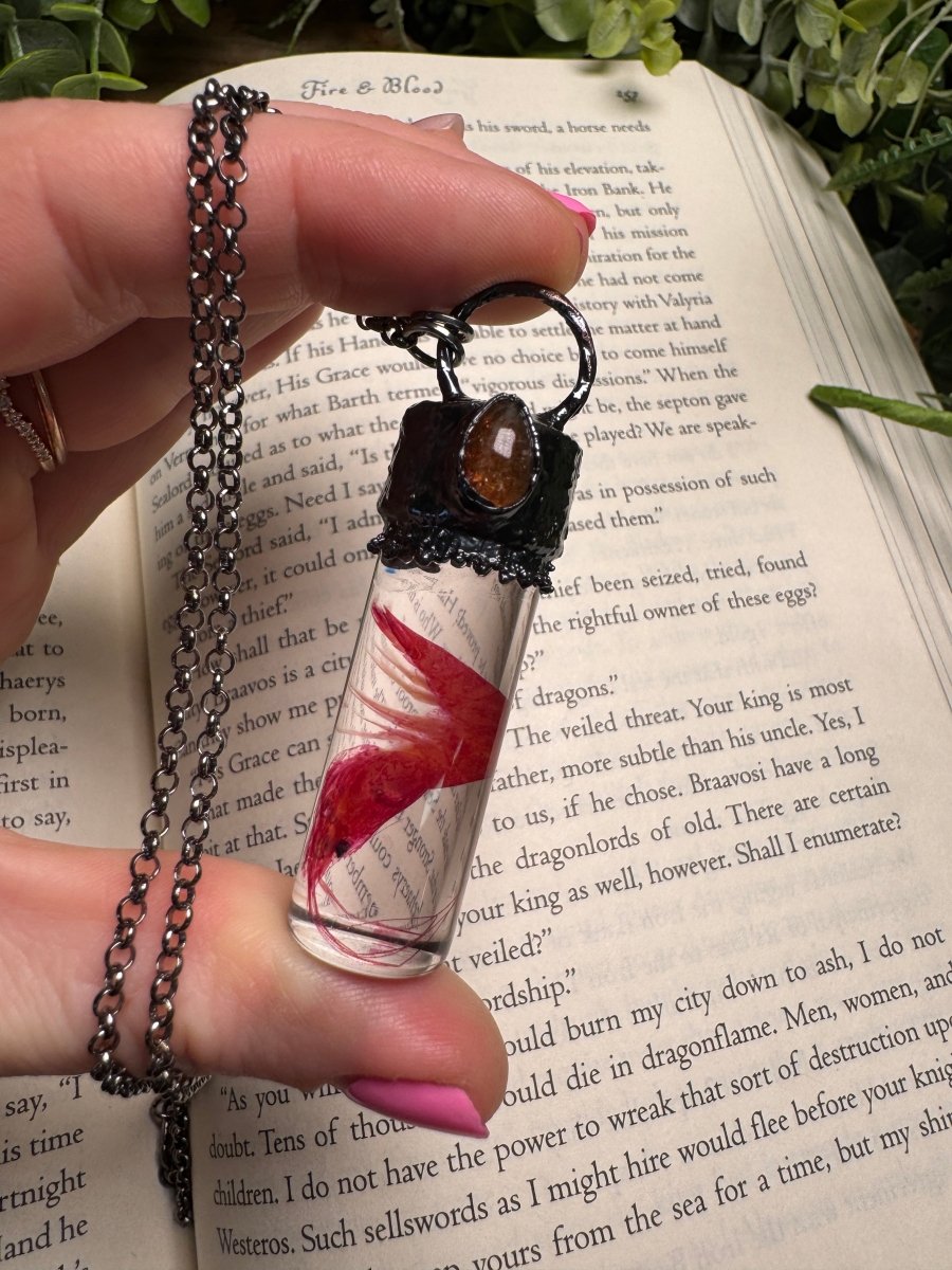 Diaphonized Shrimp and Sunstone Oddity Necklace | Copper Ashes