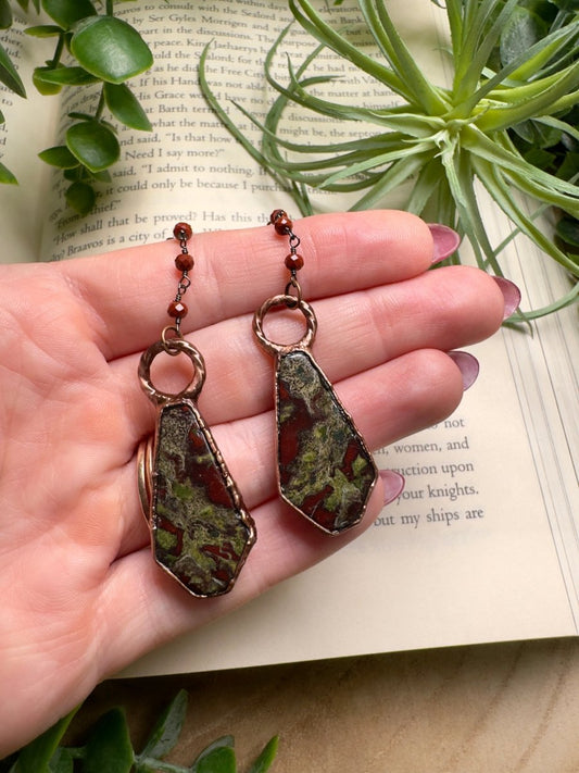 Dragon Blood Jasper and Agate Dangle Earrings | Copper Ashes