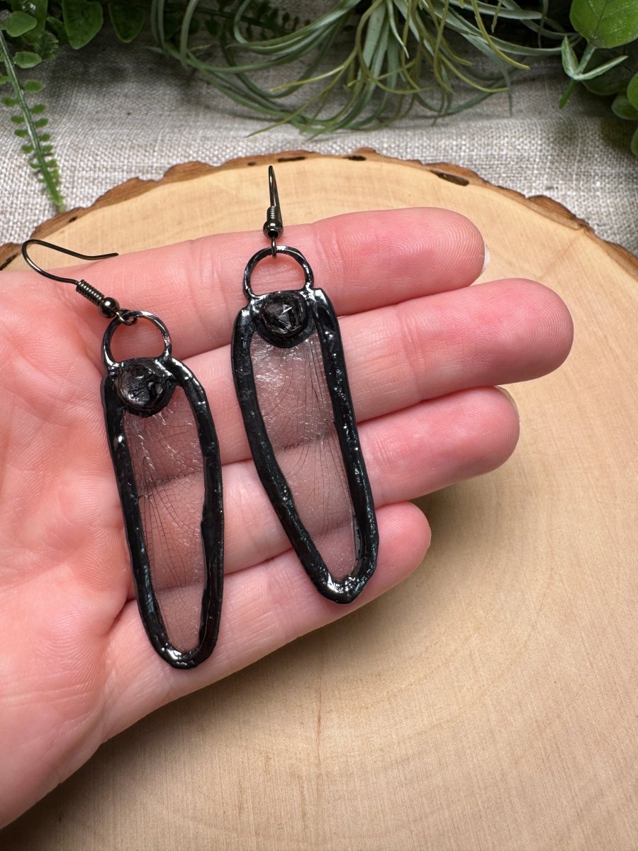 Dragonfly Wing and Black Rutile Quartz Earrings | Copper Ashes