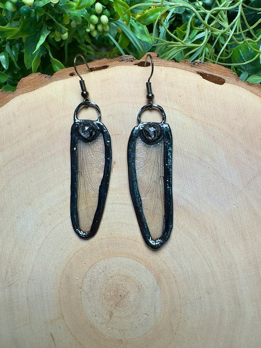 Dragonfly Wing and Black Rutile Quartz Earrings | Copper Ashes